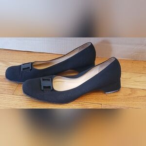 Salvatore Ferragamo Black Low Heel Suede Flats with Logo Accent